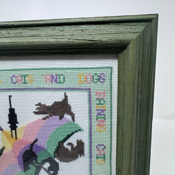 Vintage Handmade Cross Stitch Raining Cats and Dogs Framed 1995 12.5”x11” Green - Picture 5 of 6